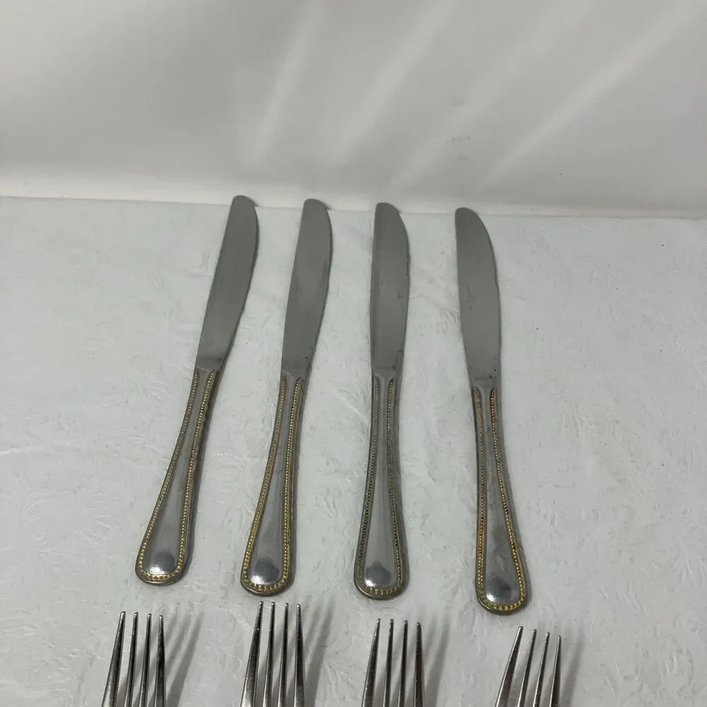New Traditions Glossy Beaded Flatware Lot Of 15 Stainless w Gold Accents 18/10